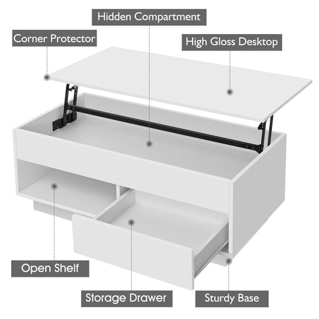 HOMMPA Lift Top Coffee Table with Storage LED Coffee Table Morden High Gloss Living Room 3 Tiers Modern Tea Table with Storage Center Tables Hidden Compartment & Open Shelve & Drawer White HOMMPA