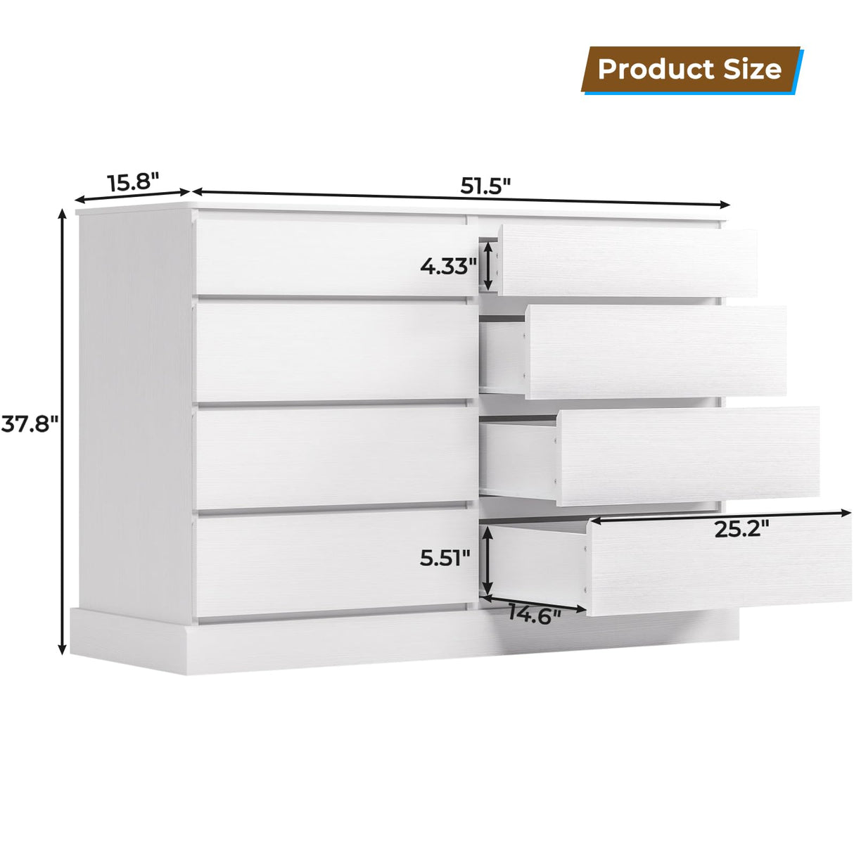 Hasuit White Dresser for Bedroom, Long Dresser with 8 Drawers, 51.5''W Wooden Dressers Chest of 8 Drawers, Large Capacity Clothing Storage Cabinet, Wide Dressers for Bedroom Living Room Entryway Hasuit