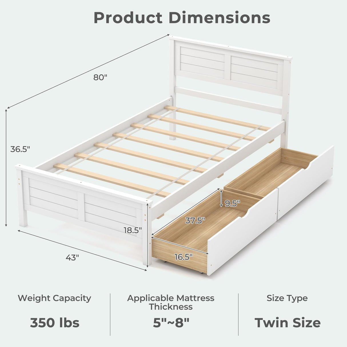 Giantex Wood Twin Bed with 2 Storage Drawers, Solid Wood Platform Bed with Headboard, Wooden Slats Support Mattress Foundation, No Spring Needed, Twin Bed Frame for Kids, Teens, Adults, White Giantex