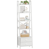 Furologee 5-Tier Ladder Shelf with 2 Drawers,Narrow Bookshelf Storage Shelves,Industrial Bookcase Freestanding Shelf Units for Bedroom,Living Room,Bathroom,Home Office,Balcony,Wood Metal, White Furologee