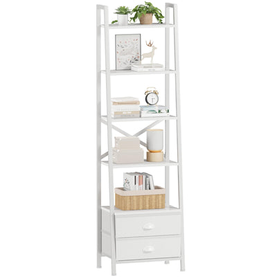 Furologee 5-Tier Ladder Shelf with 2 Drawers,Narrow Bookshelf Storage Shelves,Industrial Bookcase Freestanding Shelf Units for Bedroom,Living Room,Bathroom,Home Office,Balcony,Wood Metal, White