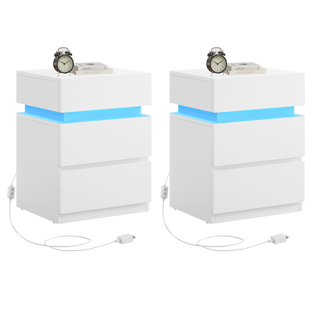VASAGLE Nightstands with LED Lights, Set of 2, Adjustable Light Colors, Bedside Tables, Side Tables with 3 Drawers, Modern Style, 13.8 x 15.7 x 21.7 Inches, Cloud White ULET799T12 VASAGLE