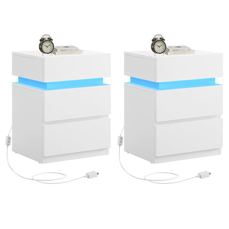 VASAGLE Nightstands with LED Lights, Set of 2, Adjustable Light Colors, Bedside Tables, Side Tables with 3 Drawers, Modern Style, 13.8 x 15.7 x 21.7 Inches, Cloud White ULET799T12 VASAGLE