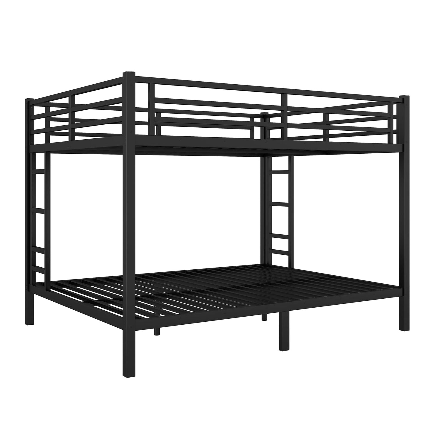 Queen Over Queen Bunk Bed with Ladders and Safe Guardrails, Metal Bunk Bed with Solid Construction, Space-Saving Heavy Duty Bunk Bed Frame for Kids, Teens, Adults, Noise Free, Black