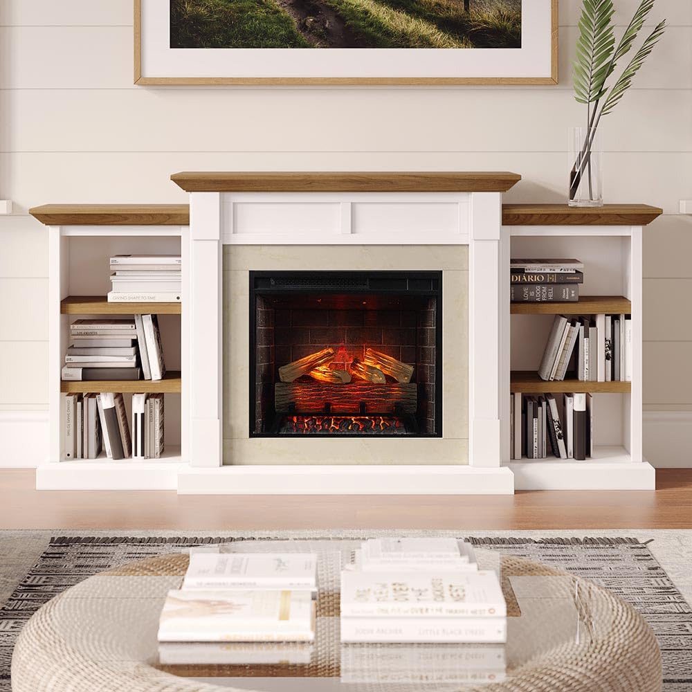 Country Living Belhaven 74 Inch Bookcase Mantel Package | 23 Inch Smart Electric Fireplace Insert Heater w/Remote | Warm Walnut Shelving | Marble or White Trim | Alexa & Google | Multi-Color Flames