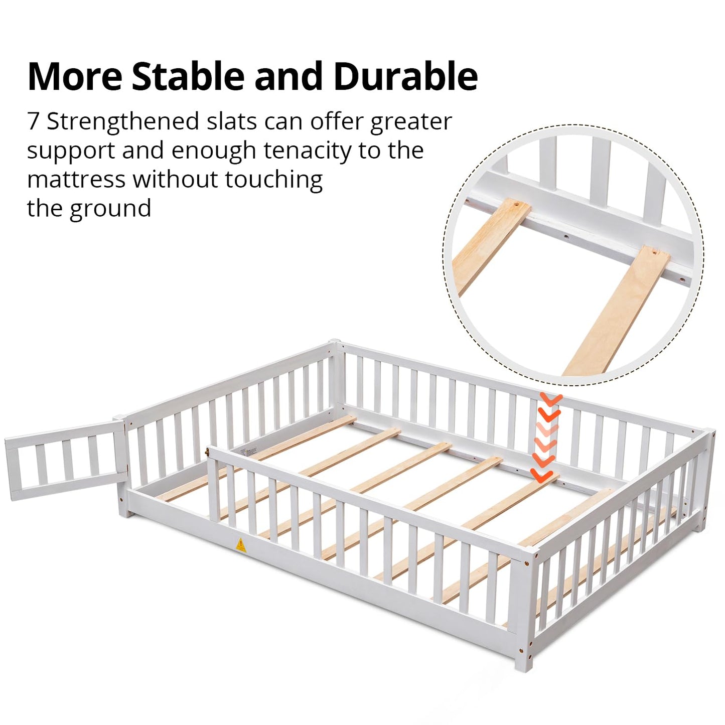 Durable Montessori Full Floor Bed with Safety Fence & Door for Kids in White - WoodArtSupply