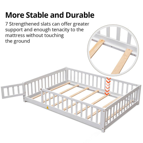 i-POOK Twin Floor Bed for Children, Sturdy Wood Montessori Bed Frame with Wood Slats, High Fence & Small Door, Montessori Floor Bed for Girls and Boys, White i-POOK