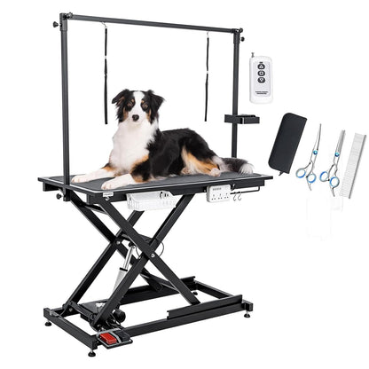 CIRONBOW 50'' Electric Dog Grooming Table, Adjustable X Lift Heavy Duty Dog Grooming Table for Large Dogs with Anti-Skid Tabletop & Grooming Scissors & Wireless Remote &Tool Organizer & Arms, Black