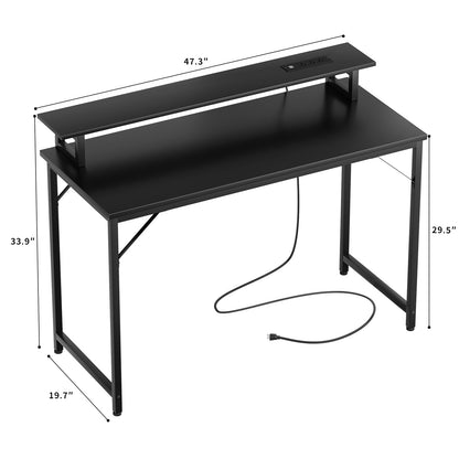 iSunirm 47 inch Computer Desk with Power Outlets, Gaming Desk with LED Lights, Home Office Work Desk with Monitor Shelf, Modern Office Desk Study Writing Table for Small Spaces, Black - WoodArtSupply