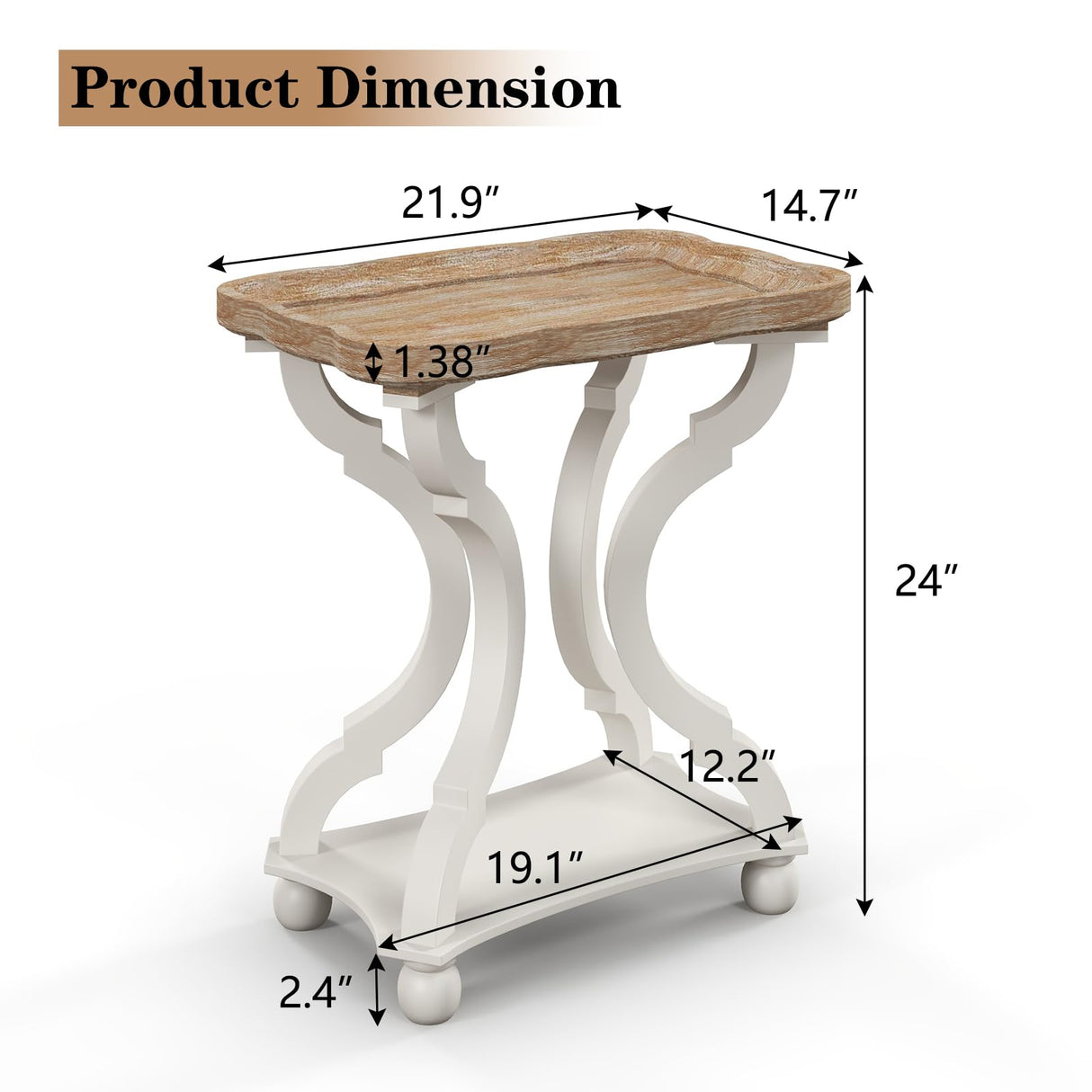 Kinfant Set of 2 Farmhouse Accent End Table with Natural Tray, Solid Wood Frame Rustic Side Table with Shelf, Nightstand for Dinning, Living Room, Bedroom Kinfant