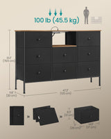 SONGMICS Dresser with Power Outlets and LED Lights, Fabric Chest of Drawers, 25 Colors, 8 Drawers, TV Stand for up to 60 Inch TVs, 11.8 x 47.2 x 31.3 Inches, Ink Black and Rustic Brown ULTS518B01 SONGMICS