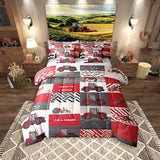 Erosebridal 7 Pcs Kids Tractor Bedding Sets Red Cartoon Tractor Quilt with Flat Fitted Sheet Twin Farm Vehicle Truck Bed in A Bag Equipment Construction Comforter Set Geometric Plaid Decor Erosebridal