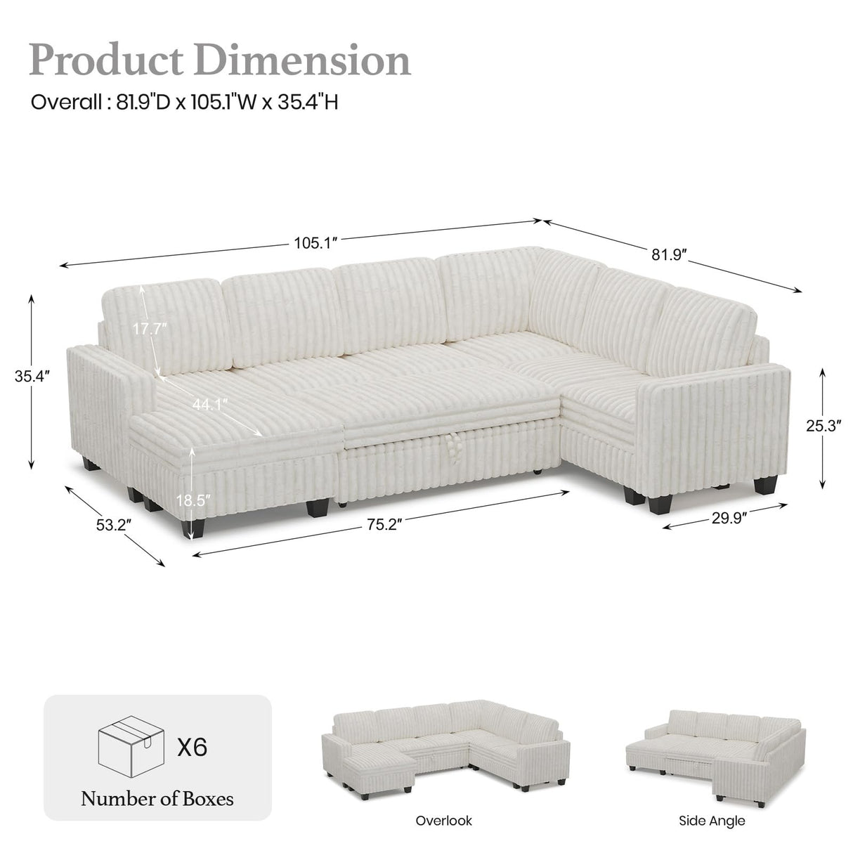 Belffin Corduroy Sleeper Sofa Bed with Storage Chaise Modular Sectional Sofa Couch with Pull Out Bed L Shaped Sectional Couches for Living Room White Couch Belffin