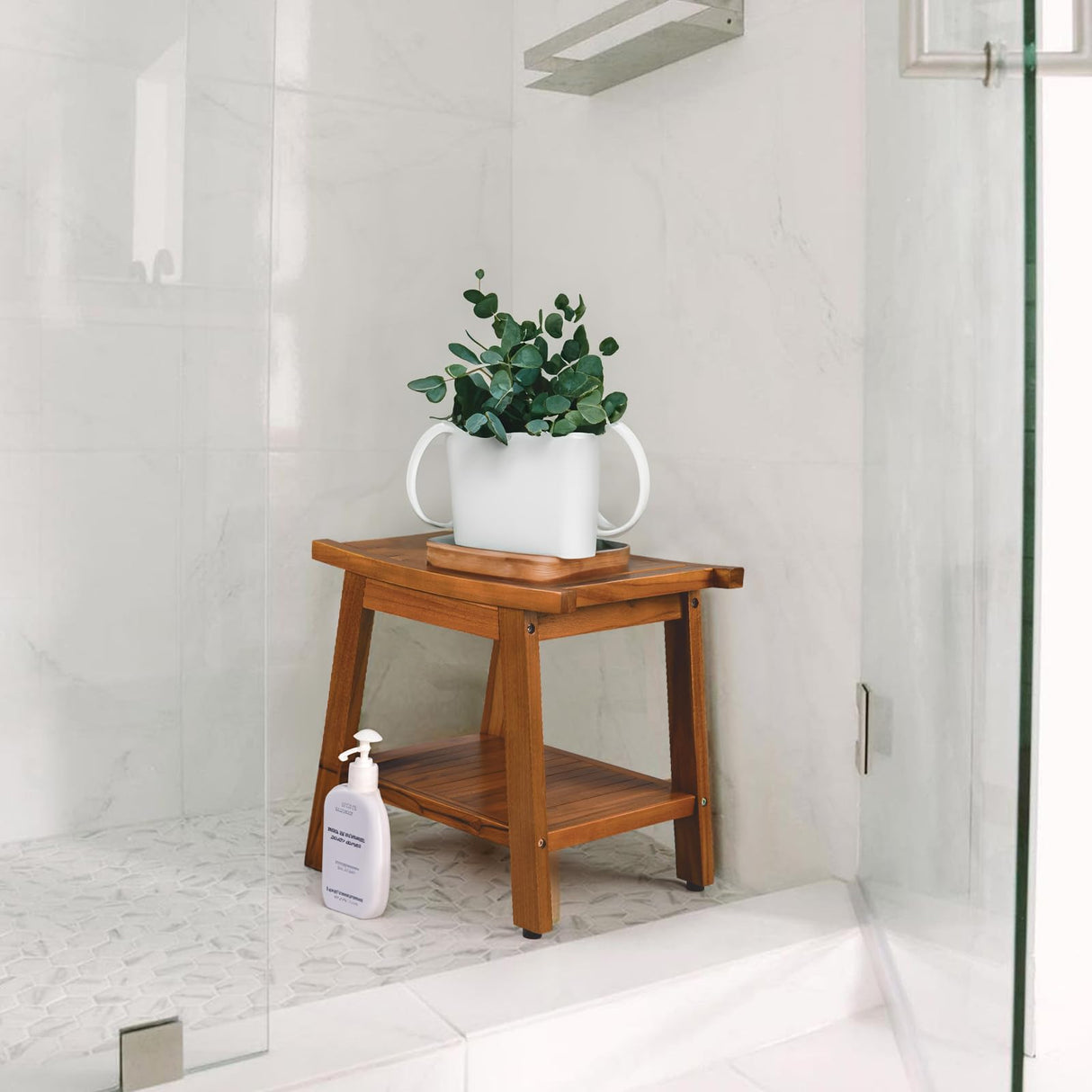 TEAKMAMA 21 Inch Teak Shower Bench with Storage Shelf and Handles, Teak Wood Shower Stool & Spa, Waterproof Shower Bench for Indoor and Outdoor Use, Bathroom Stools for Adults Sitting TEAKMAMA