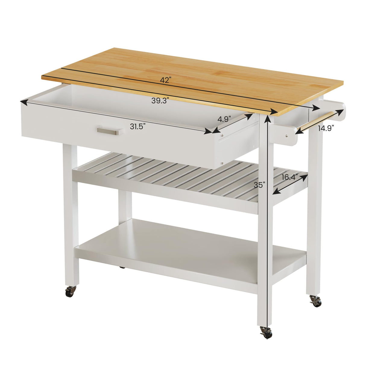 HiDSLiving Kitchen Island 42" Rolling Kitchen Island Cart On Wheels with Drawer Towl Rack 3 Tiers Rolling Utility Cart with Solid Wood Top Serving Trolley for Dining Room White HiDSLiving