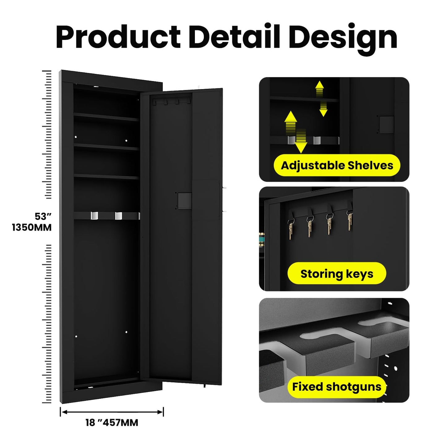 Wall Gun Safe Between Studs for Biometric,Xdeer Rifle Gun Safe, Assembled Rifle Safe with 3 Removable Shelf, Large hidden Gun Safe for Home and Pistolsm,Fingerprint,Black