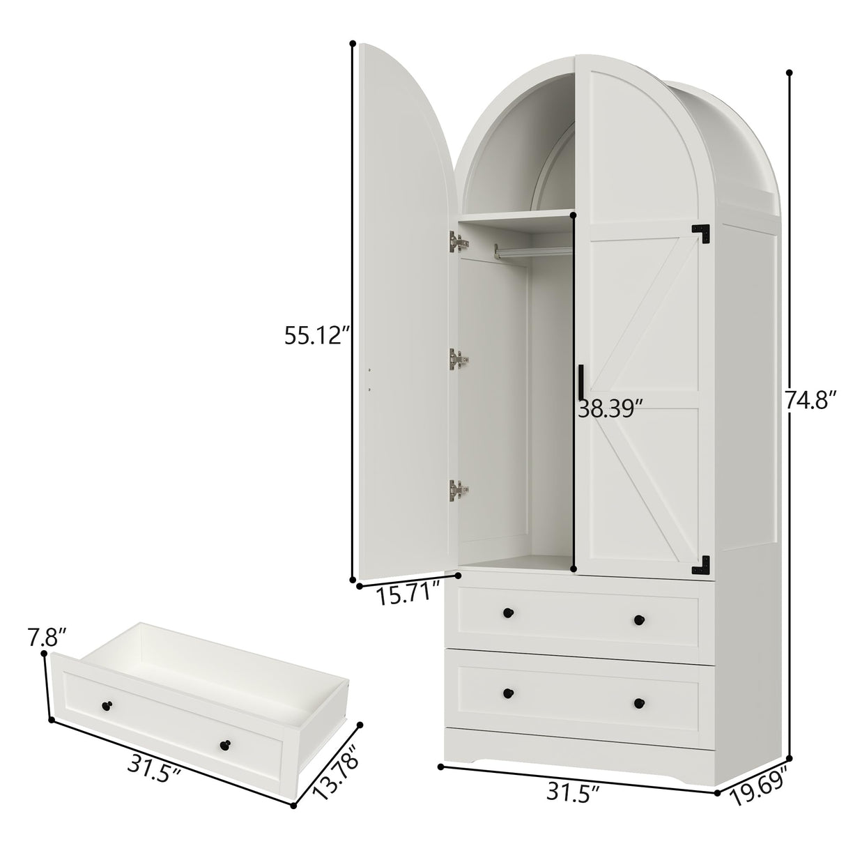 Gyfimoie 74.8" White Armoire Wardrobe Closet with 2 Drawers and 2 Doors, Tall Bedroom Freestanding Armoire Storage Cabinet with Shelves, Wood Large Wardrobe Combination for Hanging Clothes (White) Gyfimoie