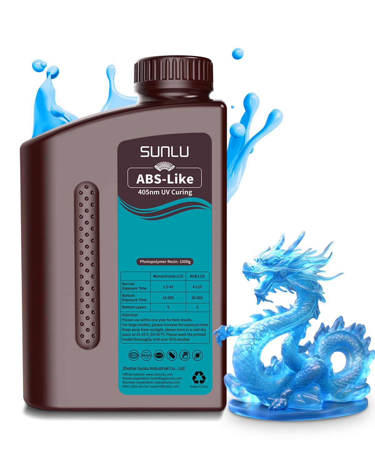 SUNLU 1000G ABS Like Resin for 3D Printer, 405nm UV Curing Photopolymer Rapid 3D Resin for 2K 4K 6K 8K LCD/DLP/SLA 3D Printers, Non-Brittle & High Precision & Low Shrinkage, 1KG, Clear Blue SUNLU