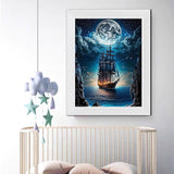 NEGHER 5D Landscape Diamond Painting Kits for Adults Beginner, DIY Steamship Moon, Full Round Drill Religious Gem Art Kits, Home Wall Decor 12x16 inch NEGHER