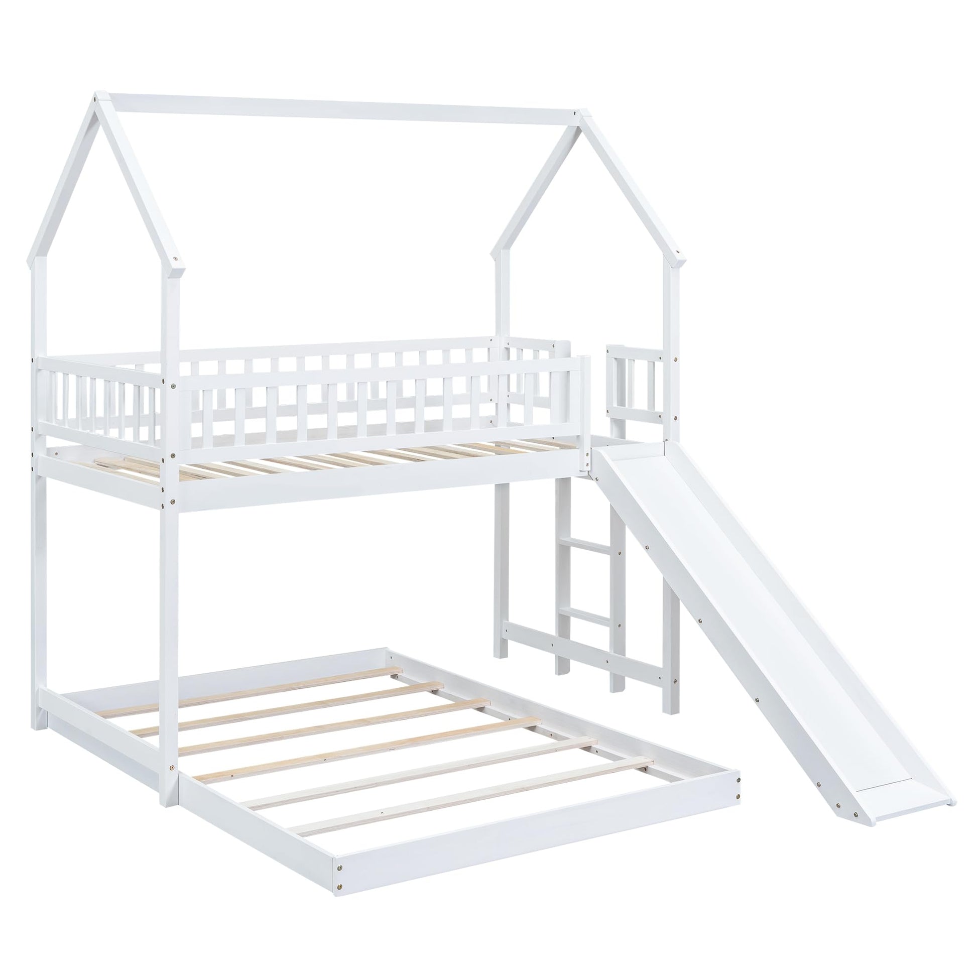 Harper & Bright Designs Twin Over Full House Bunk Bed with Slide and Guardrail, White - WoodArtSupply