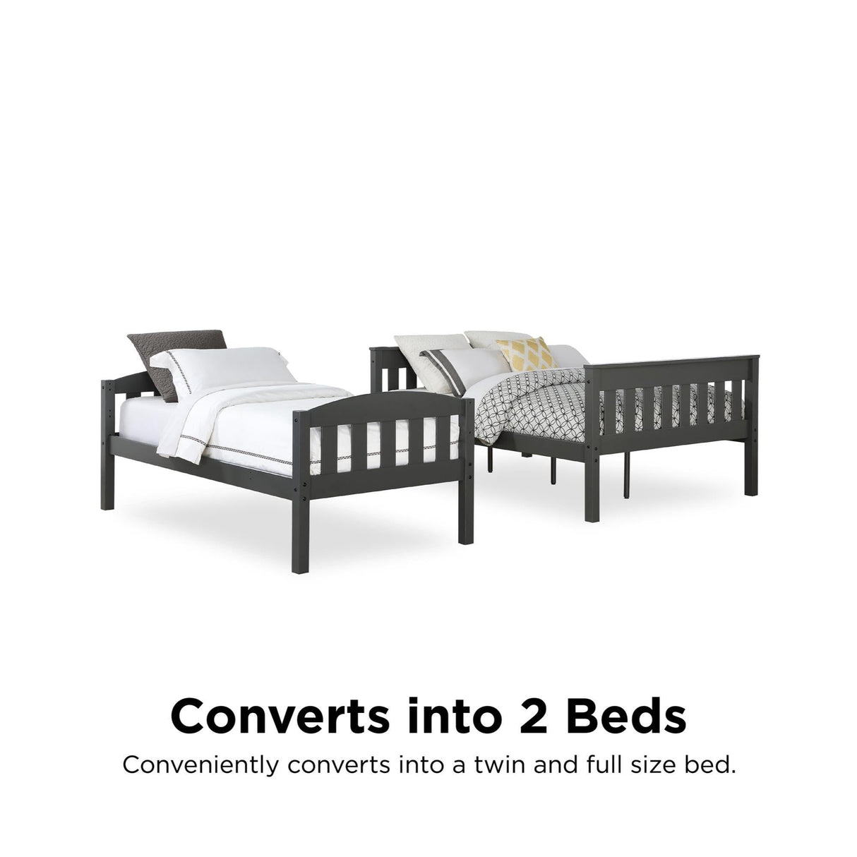 DHP Airlie Convertible Wood Bunk Bed, Stackable and Detachable Bed Frames for Kids and Teens, with Angled Ladder, High Guardrail, Wood Slats, No Boxspring Required, Twin-Over-Full, Slate Gray DHP