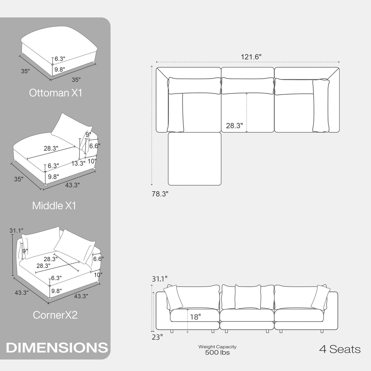 Fajiani Oversized Modular Sectional Sofa,Cloud Couch Deep Seat Sofa Cushion Covers Removable, Oversized Sectional Couches for Living Room (3 Seater+1 Ottoman-Cream White) Fajiani