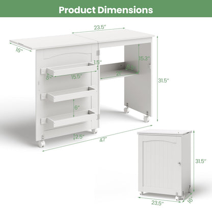 COSTWAY Folding Sewing Table, Multipurpose Craft Station Desk, Display Cabinet with Shelves Storage, Lockable Wheels, Rolling Sewing Machine Desk for Home Apartment, White - WoodArtSupply