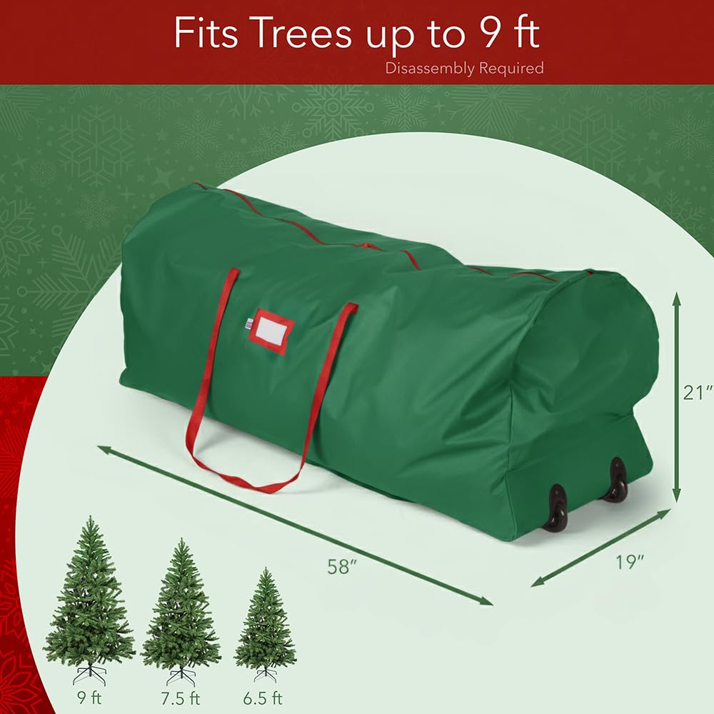 Holiday Cheer Christmas Tree Storage Bag with Wheels – Heavy Duty Christmas Tree Bag Fits Up to 9ft Tall Artificial Christmas Tree, Waterproof, Durable Handles & Zipper – Xmas Tree Storage Bag (Green) Holiday Cheer