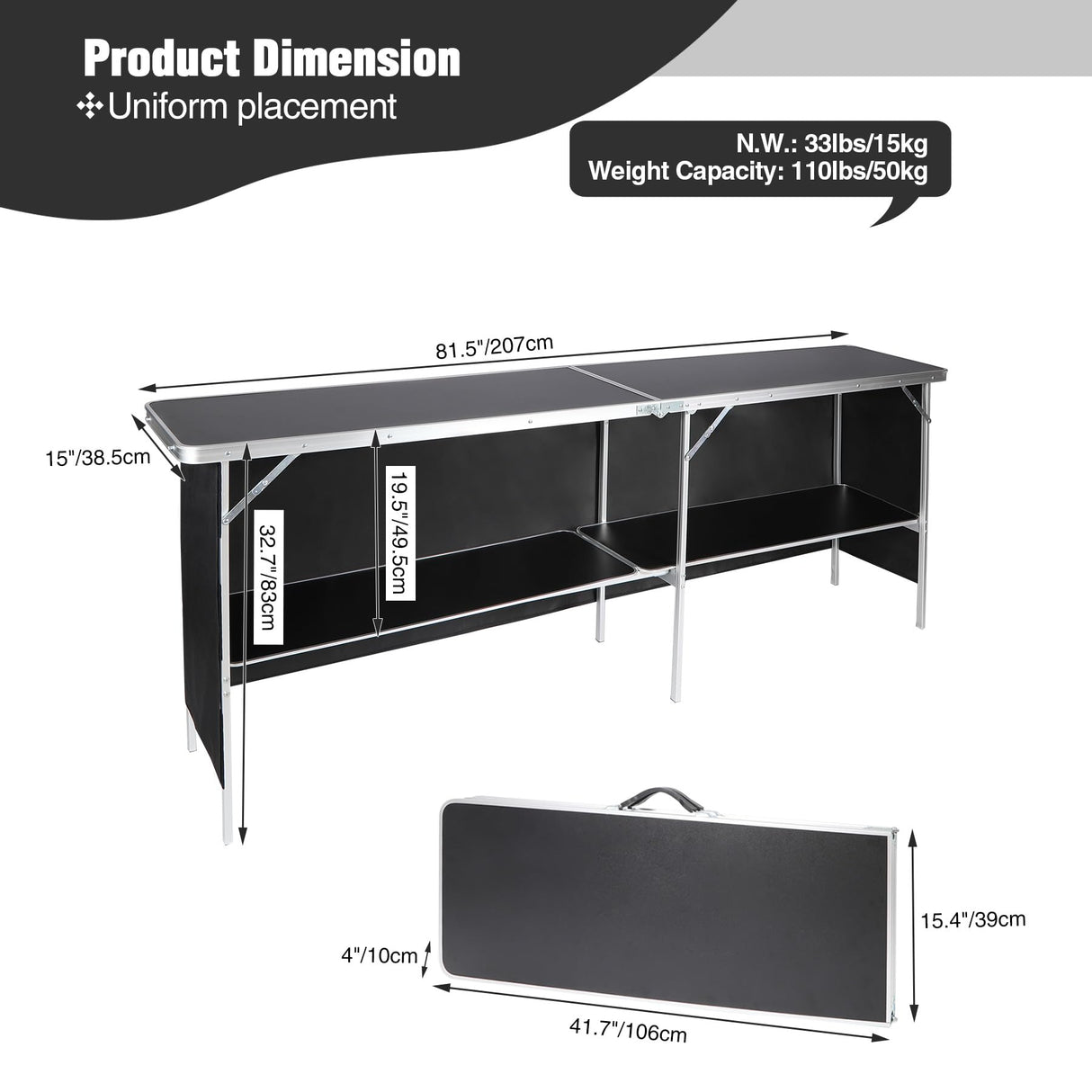 REDCAMP Portable Bar Table, Pop Up Folding Mobile Bar Bartender Table with Carry Bag for Events, Party, Camping, Tradeshow, Exhibition, Easy Setup, Black, 82"x33"x15" REDCAMP