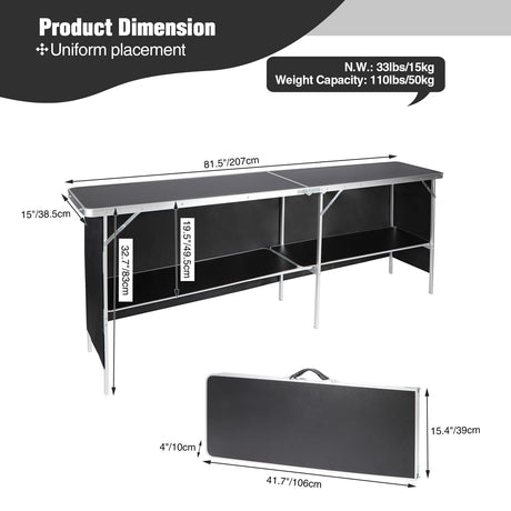REDCAMP Portable Bar Table, Pop Up Folding Mobile Bar Bartender Table with Carry Bag for Events, Party, Camping, Tradeshow, Exhibition, Easy Setup, Black, 82"x33"x15" REDCAMP