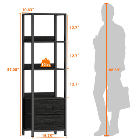 Furnulem 4-Tier Corner Shelf, Bookshelf with 2 Storage Drawers, 57.28”Tall Narrow Bookcase, Standing Shelf Organizer Unit for Living Room, Bedroom, Metal Frame, Wood Display Shelf Furnulem