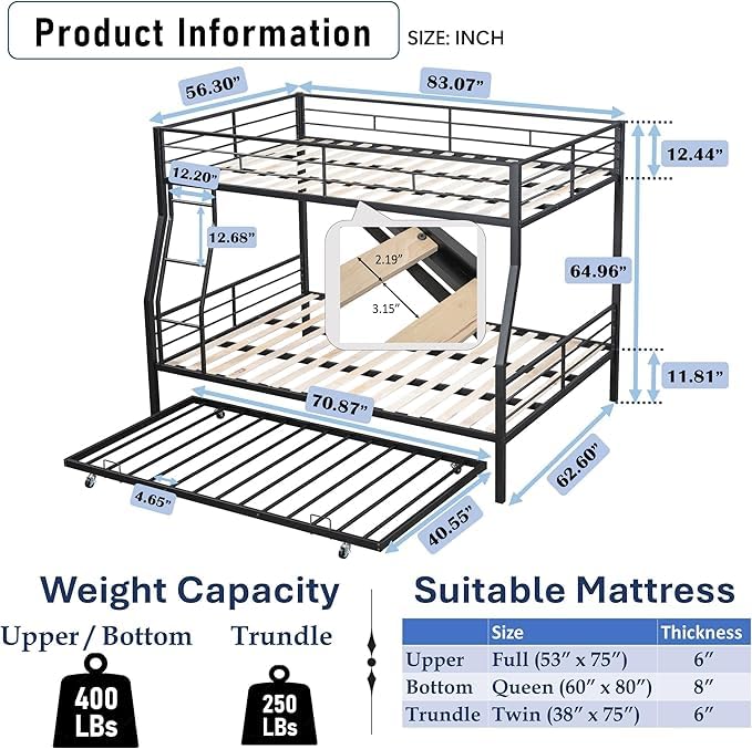 UOCFYK Full XL Over Queen Metal Bunk Bed with Trundle and Ladders for Teens Youths Adults,Heavy-Duty Bunk Bed with Guardrail,Space Saving Design,No Box Spring Needed,Black