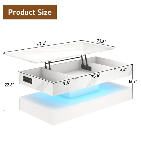 chartustriable 47.2" Large Lift Top Coffee Table with Charging Station, LED Modern High Glossy Center Table with Hidden Compartment Storage, White Lift Living Room Tables with Marbling Print, White chartustriable