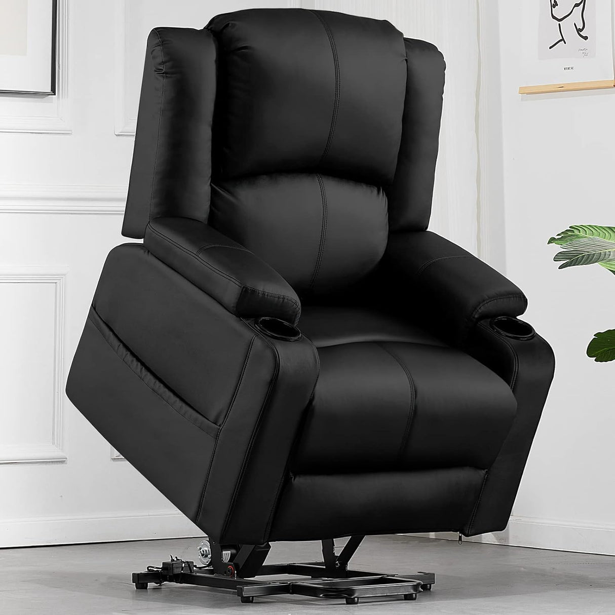 COMHOMA Power Lift Recliner for Elderly, Lift Chair with Heat and Massage, PU Recliner Sofa with Timing Function 2 Side Pockets, Cup Holders and Infinite Position for Living Room, Black COMHOMA