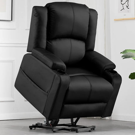 COMHOMA Power Lift Recliner for Elderly, Lift Chair with Heat and Massage, PU Recliner Sofa with Timing Function 2 Side Pockets, Cup Holders and Infinite Position for Living Room, Black COMHOMA