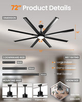 72 Inch Large Industrial Ceiling Fan with Light and Remote-8 Aluminium Blades Ceiling Fan with Energy Efficient DC Motor,Reversible Airflow-Ideal for Living Room,Patio,Garage,and Commercial Spaces Hisummer
