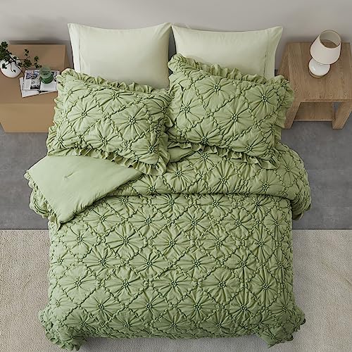 BEDAZZLED Queen Size Comforter Sets, Green Bedding Comforter Set, 3 Pieces Pinch Pleat Bedding Sets with Comforter and Pillowcases Soft Farmhouse Shabby Chic Comforter for All Season BEDAZZLED