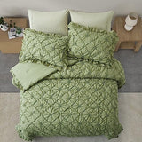 BEDAZZLED Queen Size Comforter Sets, Green Bedding Comforter Set, 3 Pieces Pinch Pleat Bedding Sets with Comforter and Pillowcases Soft Farmhouse Shabby Chic Comforter for All Season BEDAZZLED