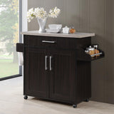 Hodedah Rolling Wood Kitchen Island Cart with Spice Rack, Towel Rack, Utensil Drawer plus Cabinet, White with Beech Top Hodedah