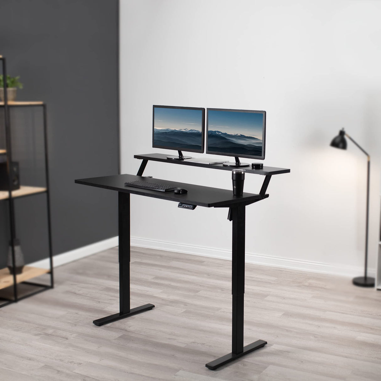 VIVO Electric 2-Tier Height Adjustable 55 x 30 inch Stand Up Desk, Dual Tier Adjustable Shelf Table Top, Standing Workstation with Memory Controller, Home and Office Furniture, Black, DESK-KIT-1B2TB VIVO