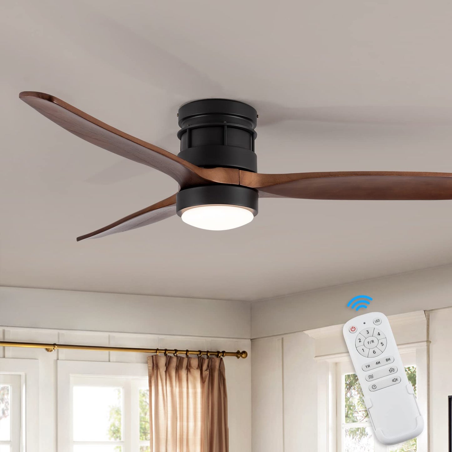 EKIZNSN 52 Inch Modern Outdoor Flush Mount Ceiling Fan with Lights Remote Control, Low Profile Wood Ceiling Fan with 3 Blades for Bedroom/Living Room, Matte Black - WoodArtSupply