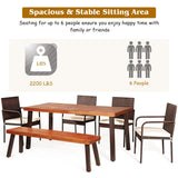 Tangkula 6 Piece Acacia Wood Patio Dining Set, Patiojoy Outdoor Wicker Furniture Set w/Bench, 4 Cushioned Rattan Chairs & Wood Table with Umbrella Hole, Ideal for Backyard Garden Porch Tangkula