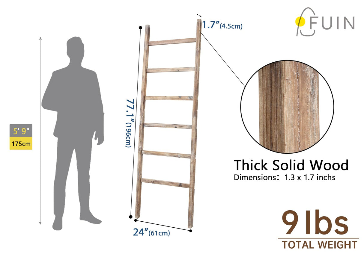 FUIN 6.4ft Extra Wide Wooden Blanket Ladder Living Room Decorative Wal Leaning Farmhouse Quilt Display Holder Rustic Wood Towel Rack for Bathroom, Burnt Brown, 24 inch Wide FUIN