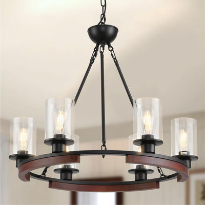 28 Inch Wagon Wheel Chandelier with Glass Shade, 6-Light Farmhouse Wood Large Round Chandeliers for Dining Room Pendant Light Fixture for Living Room Bedroom Kitchen Island Foyer Entryway