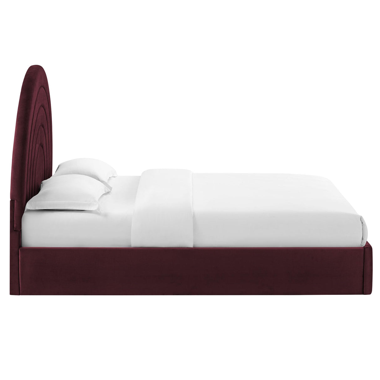 Modway Solana Queen Size Performance Velvet Platform Bed in Mulberry – Upholstered Bed Frame with Soft Arch Shaped Padded Headboard - Plinth Base Platform Bed Frame Modway