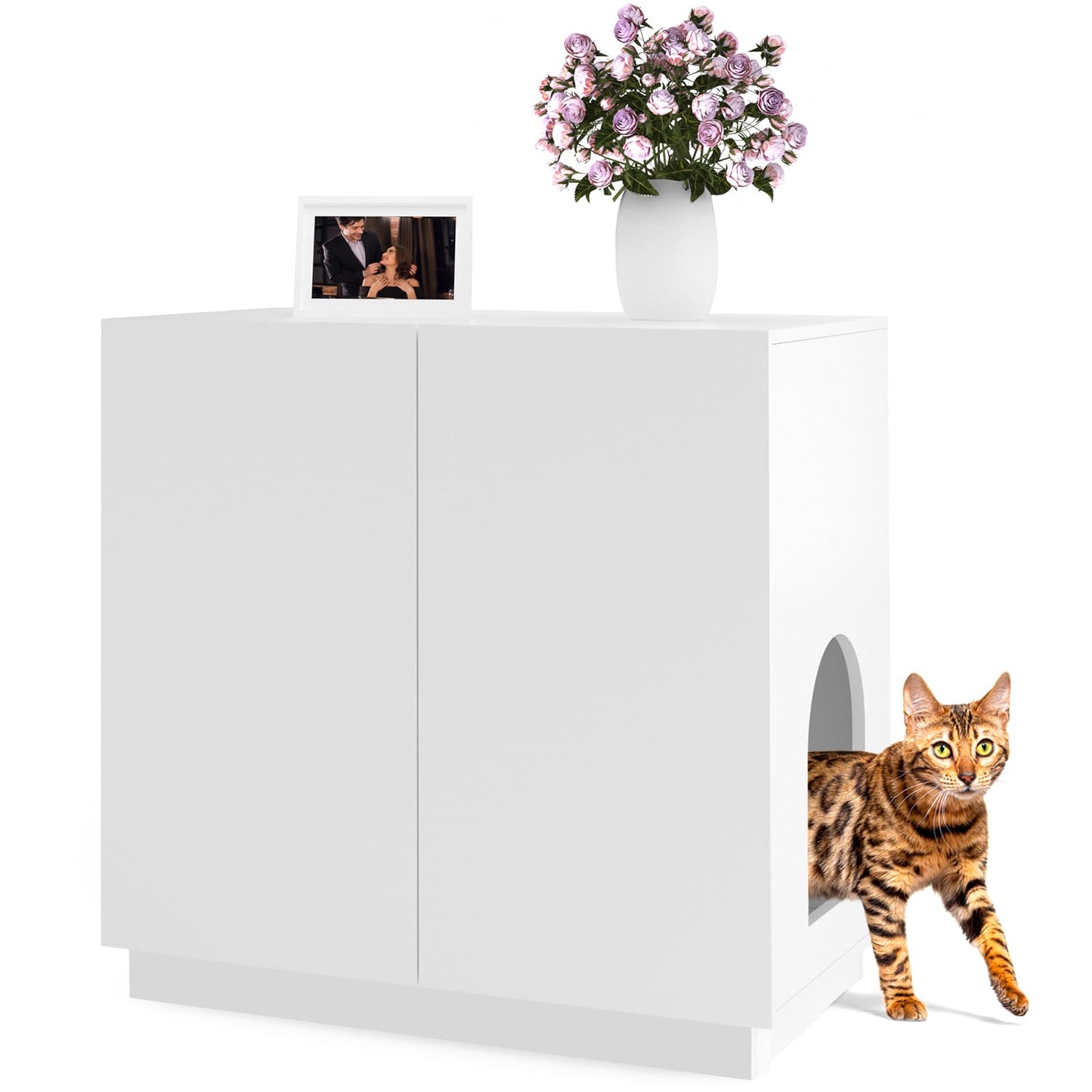 Amunrbrek Litter Box Enclosure, Large Litter Box Furniture, Modern Cat Litter Box Enclosure Furniture with Storage, Side Cabinet (White)