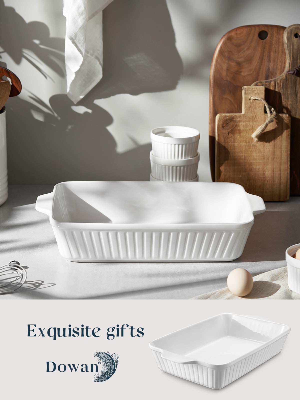 DOWAN Casserole Dish, 9x13 Ceramic Baking Dish, Large Lasagna Pan Deep for Oven, 4.2 Quarts Baking Pan with Handles, Oven Safe and Durable Bakeware for Lasagna, Home Decor, Wedding Gift, White DOWAN