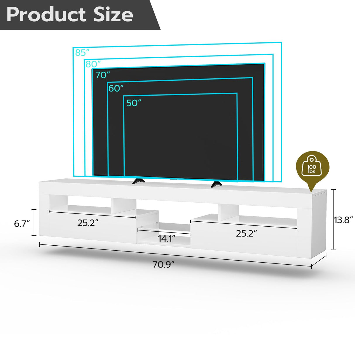 SIKHST Floating LED TV Stand for 85 Inch TV with Glass Shelves and Cabinet, 71 Inch Wall Mounted Modern Entertainment Center Media Console with Storage,White SIKHST