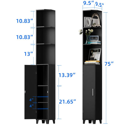 MOHOPE Corner Shelf with Cabinet, 74.8" Tall Corner Cabinet with Door, 5-Tier Narrow Bookshelf with Adjustable Shelves, Display Cabinet for Living Room, Bathroom, Dining Room, Small Space, Black