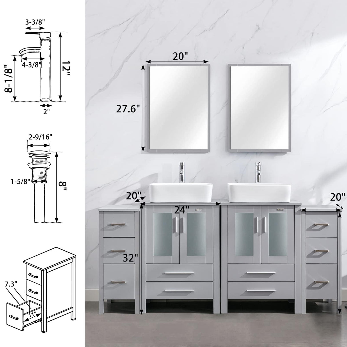 eclife 72" Modern Bathroom Vanity Sink Combo Gray W/Small Side Cabinets White Rectangle Ceramic Vessel Sink & Water Save Faucet & Pop Up Drain (2T03) eclife